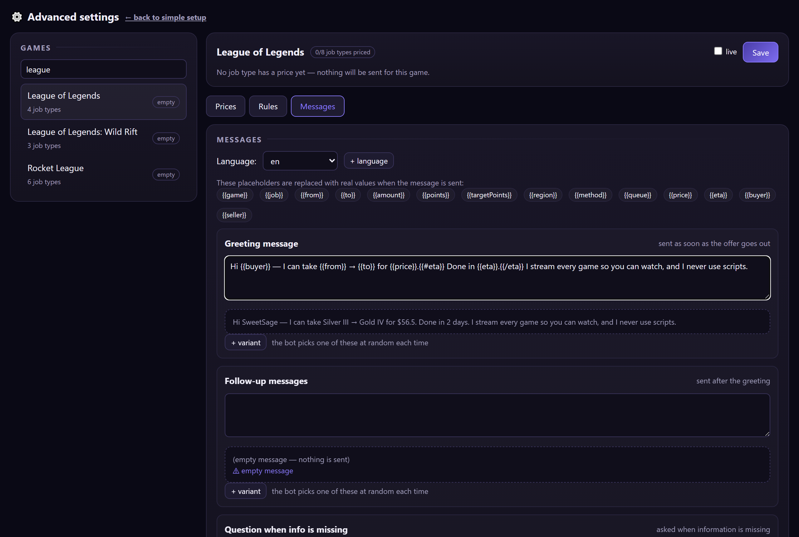 Message editor with a live preview of what the buyer sees